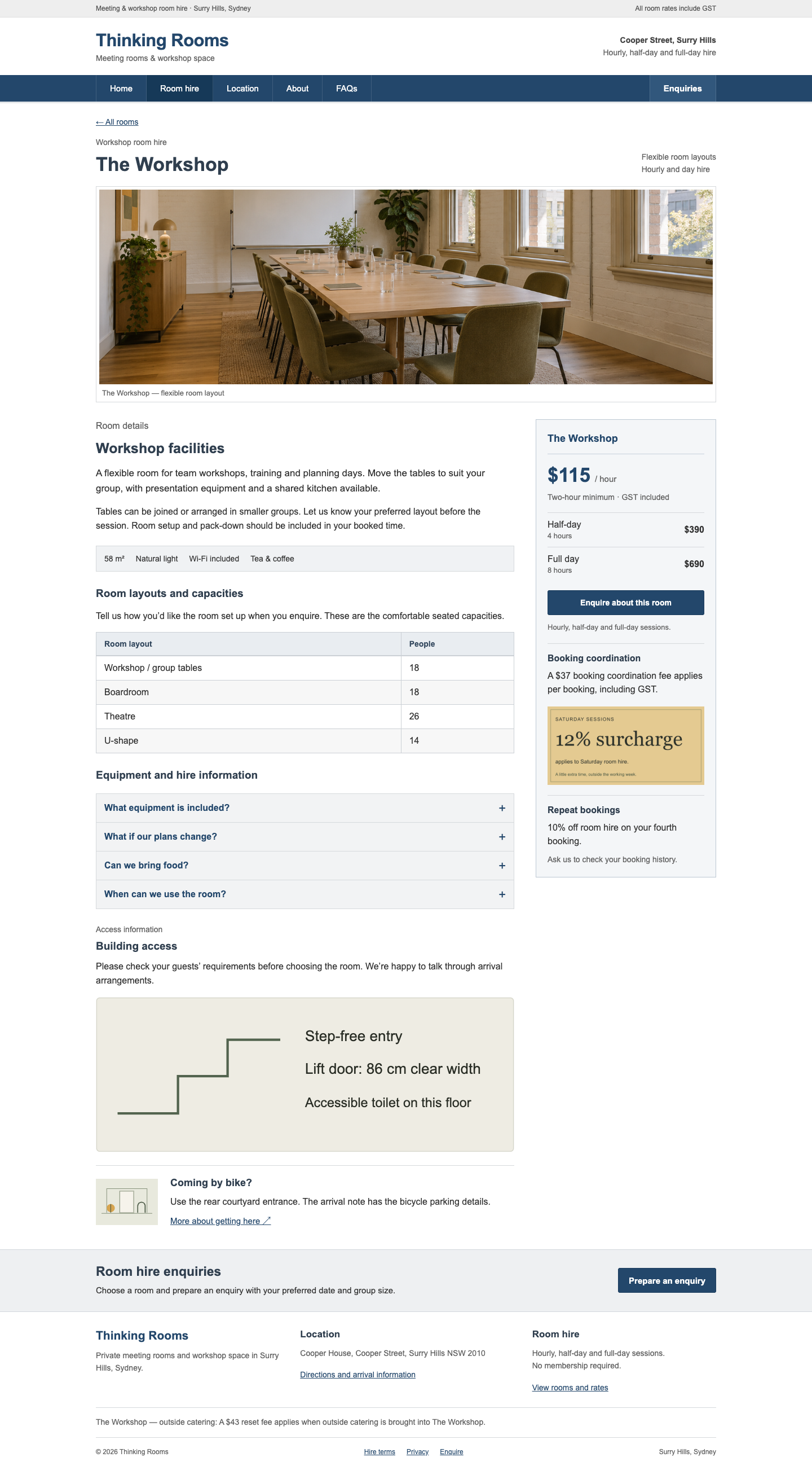 Saved screenshot of the Thinking Rooms challenge page: a workshop venue, room photograph, layouts and booking details.